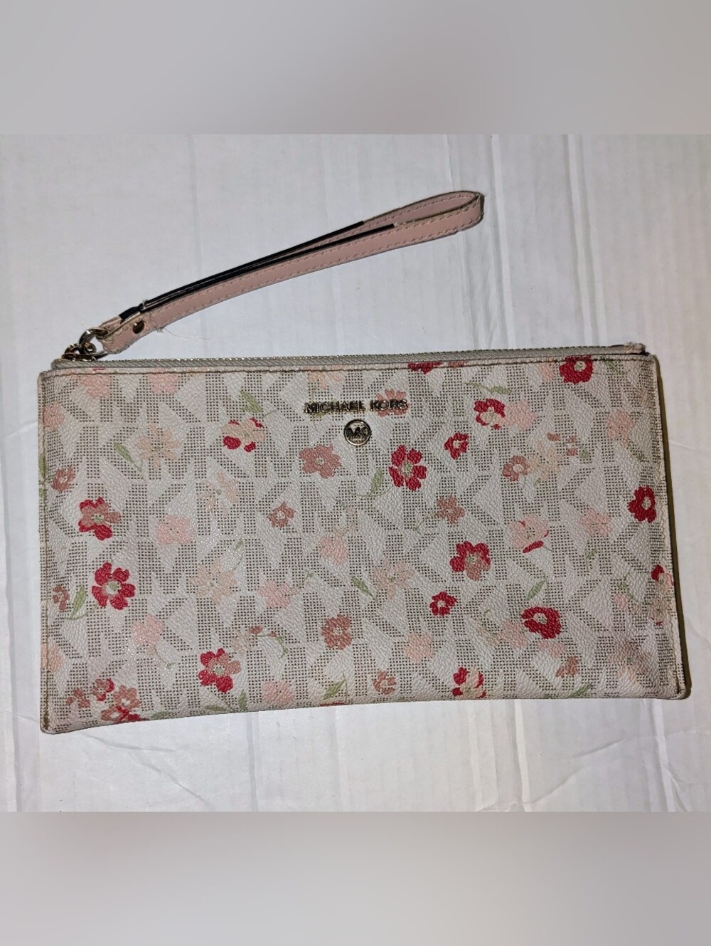 Michael Kors Cream Floral Wristlet Clutch with Pink Strap